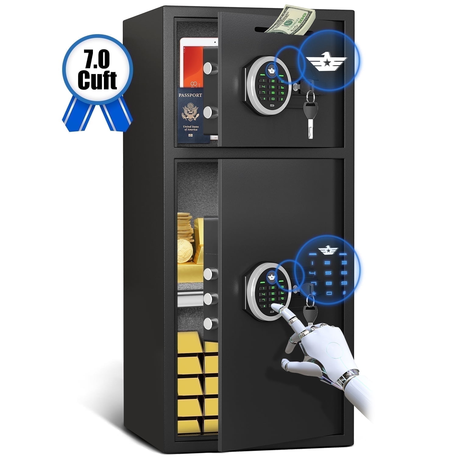 Walmart promo code:  Walmart Black Friday Deals 2025 - Omethey 7.0 Cub Extra Large Safe Box, Home Safe with Backlit Keypad & Deposit Slot, Home Safe with Dual Alarm Sytem & Mute Mode, Drop Slot Safe Home Valuables