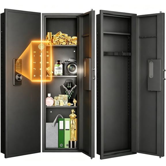 Omethey Biometric Wall Safe Between the Studs 16" Centers, 53.15 Tall Hidden Wall Safes With Adjustable Gun Rack and Removable Shelfs for Home, Cash, Jewelry, Documents - Black