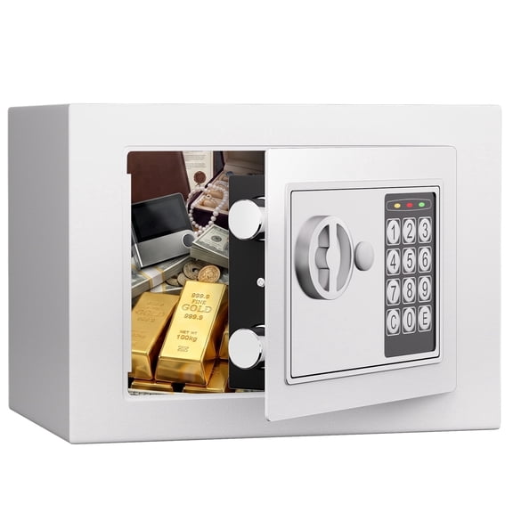 Omethey Safe, Mini Safe Box with Digital Keypad, 0.23 Cub Small Hidden Steel Security Lock Box with Key, 9.05" W x 6.69" D x 6.69" H, for Jewelry Passport Cash Storage (White)