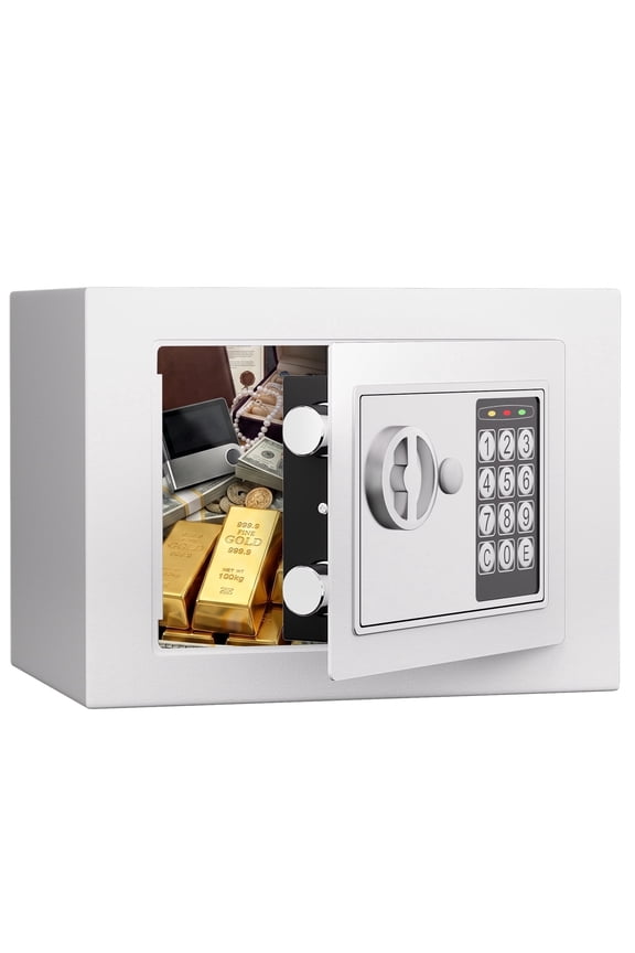 Safe, Mini Safe Box with Digital Keypad, 0.23 Cub Small Hidden Steel Security Lock Box with Key, 9.05" W x 6.69" D x 6.69" H, for Jewelry Passport Cash Storage (White)