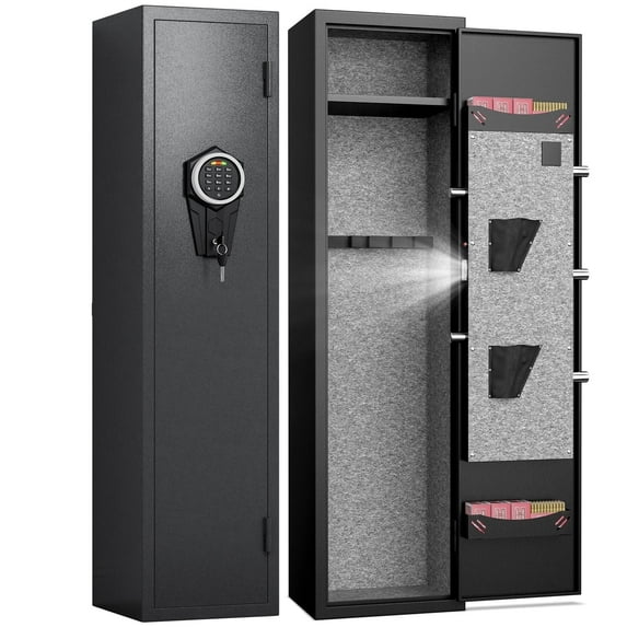 Omethey Quick Access 2-Gun Safe for Rifles and Pistols - Silent Mode, Alarm System, Removable Shelf, and Adjustable Gun Slots