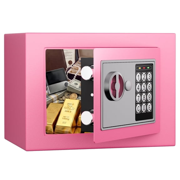 Omethey Safe, Mini Safe Box with Digital Keypad, 0.23 Cub Small Hidden Steel Security Lock Box with Key, 9.05" W x 6.69" D x 6.69" H, for Jewelry Passport Cash Storage (Pink)