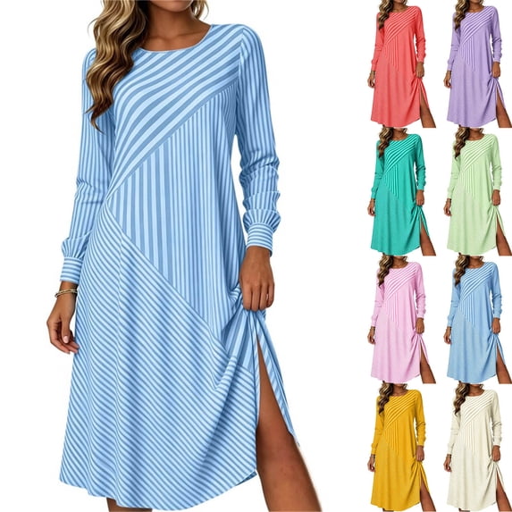 Omexry Cute Summer Dresses Women's Fashion And Leisure Splicing Long Sleeve Round Neck Loose And Comfortable Dress
