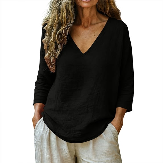 Omexry Going Out Tops for Women Women's Casual Relaxed Fashionable Short-sleeved V-neck Pullover Top Black S