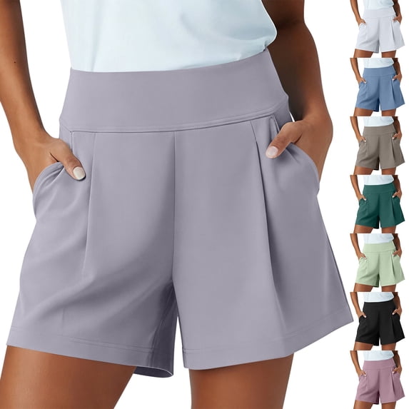 Omexry Jean Shorts Womens High Waisted Women's Solid High Waisted Pleated Shorts - Wide Leg Casual Shorts with Pockets Army Green XXL