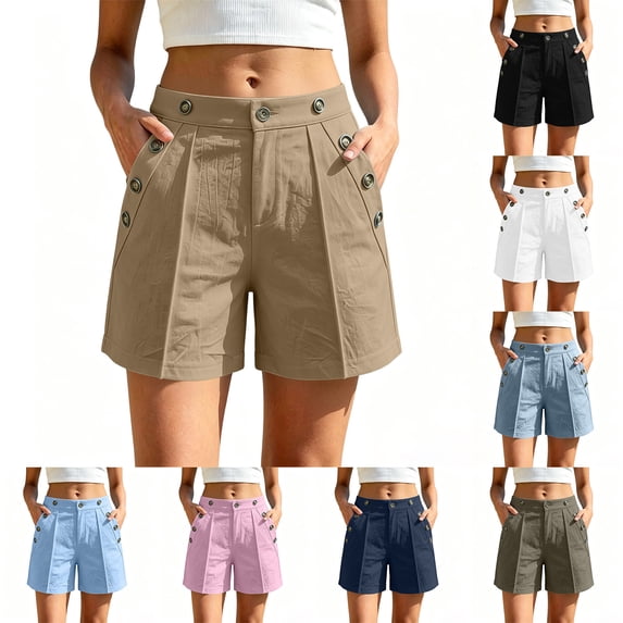 Omexry Maternity Shorts for Women Women's Summer Solid Color Casual Shorts with Pockets and Multiple Buttons Black S