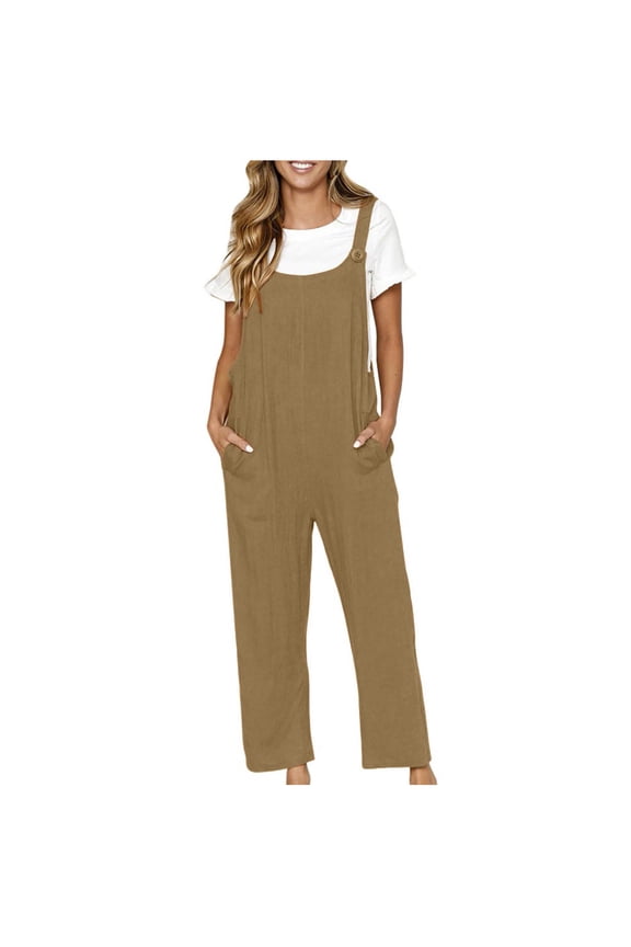 Pants for Women Fashion Casual Women's Casual Loose Baggy Pocket Jumpsuit Fashion Playsuit Trousers Overalls Cotton and Linen Jumpsuit Khaki S