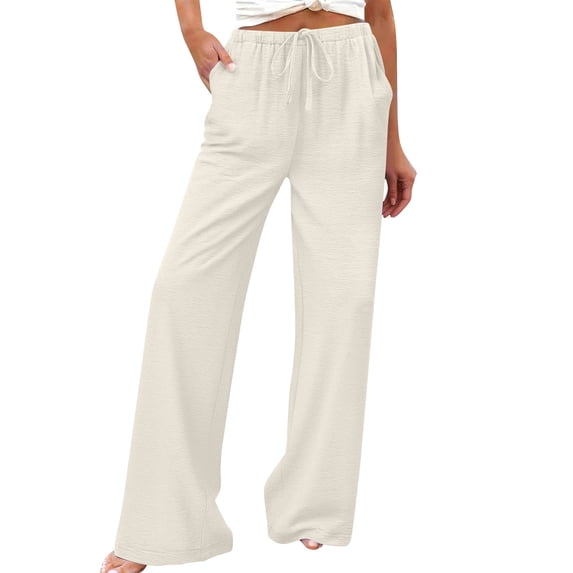 Omexry Pants for Women Fashion Casual Women's Spring and Summer Solid-Color Stretched-Waist Linen Casual Straight Pants Beige XL