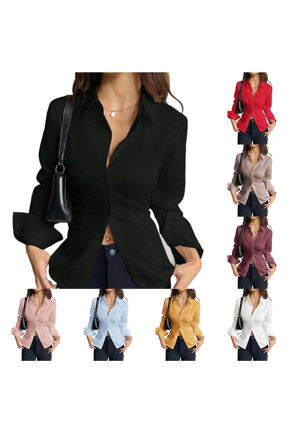 Shirts for Women Plus Size Women's Elegant Back Blouse with Asymmetrical Hem A Defined Waist and A Classic Collar for A Sophisticated and Feminine Blue L