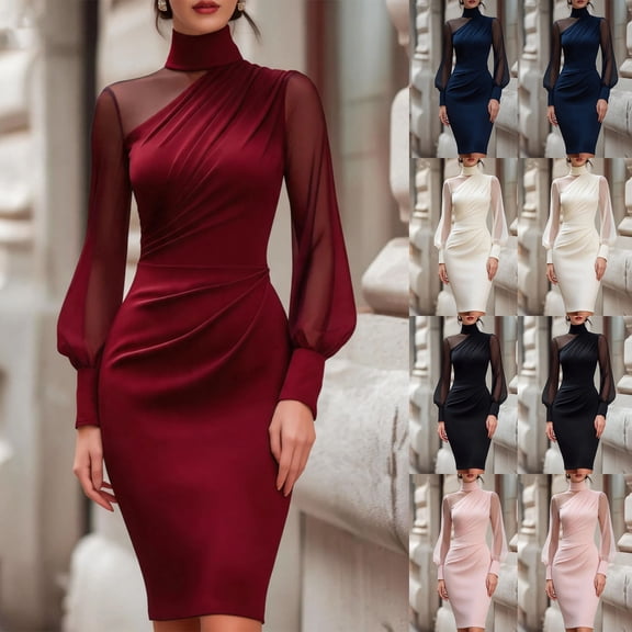 Omexry Sun Dresses Women Fashion Women Casual Buttocks Stand-up Collar Lace Splicing Solid Long Leeve Dresses