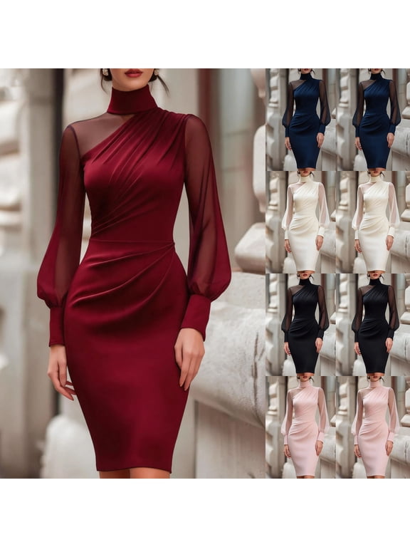 Sun Dresses Women Fashion Women Casual Buttocks Stand-up Collar Lace Splicing Solid Long Leeve Dresses