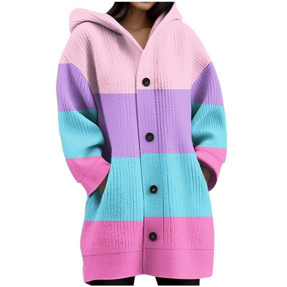 Omexry Sweaters for Women Cardigan for Women,Women's Daily Printed Long Sleeved Knitted Cardigan Button Up Hooded Jacket Top Women Sweaters-Sky Blue M