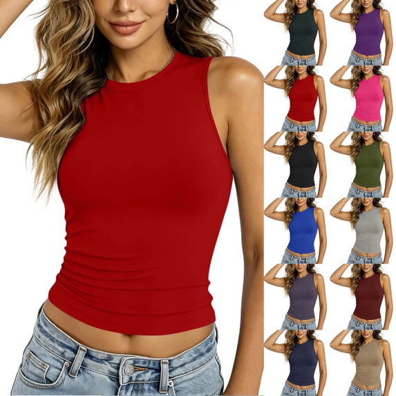 Omexry Tank Tops with Built In Bras Fashion Women's Summer Solid Color Casual Sleevesless Round Neck Solid Blouses Tank