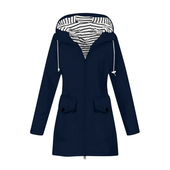 Omexry Winter Coats for Women, 2025 Fashion Winter Clearance Women Solid Color Rain Jacket Outdoor Hooded Windproof Loose with Pocket Coat Dark Blue S