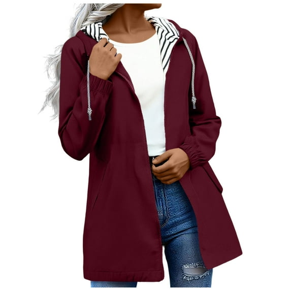 Omexry Winter Coats for Women, 2026 Fashion Winter Women Solid Color Rain Jacket Outdoor Hooded Windproof Loose with Pocket Coat Wine XXXXXL