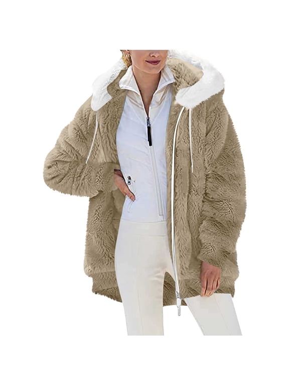 Winter Coats for Women, 2025 Fashion Winter Clearance Women's Solid Color Zipper Pocket Hooded Ear Loose Jacket Long Sleeved Hooded Casual Jacket/jacket Khaki XL