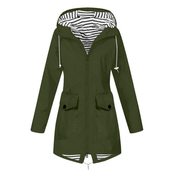 Omexry Winter Coats for Women, 2026 Fashion Winter Women Solid Rain Outdoor Plus Size Hooded Windproof Loose Coat Army Green L