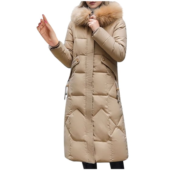 Omexry Winter Coats for Women, 2026 Fashion Winter Women's Fall and Winter Long Sleeved Warm Cotton Jacket Bread Khaki XXXL