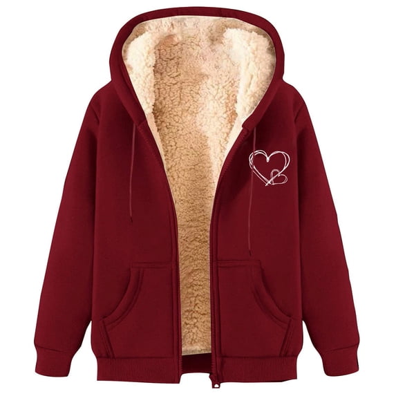 Omexry Womens Coats, Winter Coats for Women Women's Fashionable Printed Fleece Hooded Sweatshirt Jacket Wine L