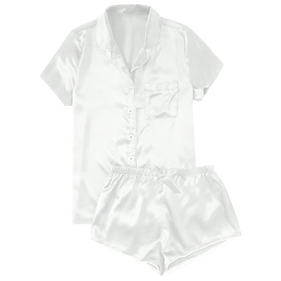 Omexry Womens Pajama Sets Plus Size Women's Satin Casual Home Button Pajama Set White S