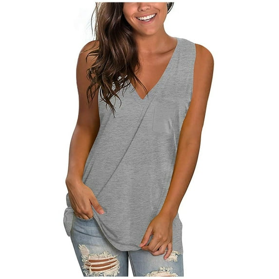 Omexry Womens Tank Tops Plus Size Women's Casual Solid V-Neck Pocket Sleeveness Tops Loose Vest Blouses Gray S