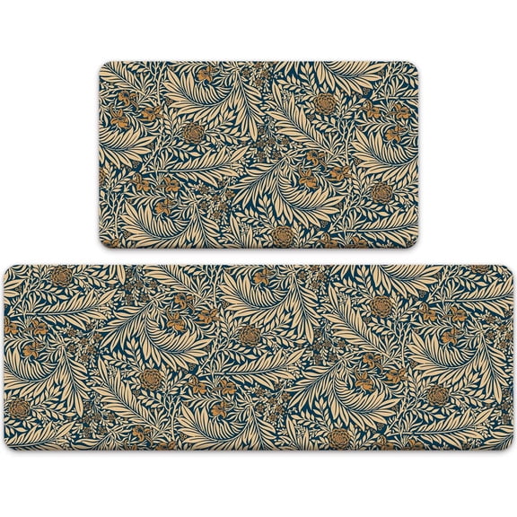 Omezin Floral Blue Kitchen Mat, 17" x 47" + 17" x 30", Non-Slip (2 Count)