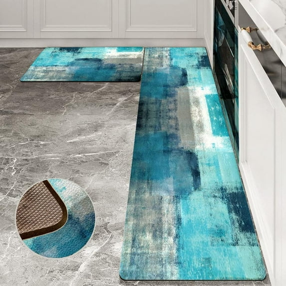 Omezin Modern Abstract Art Turquoise Kitchen Mats, 17.5" x 29.5" and 17.5" x 49", Anti-Fatigue, 2 Count