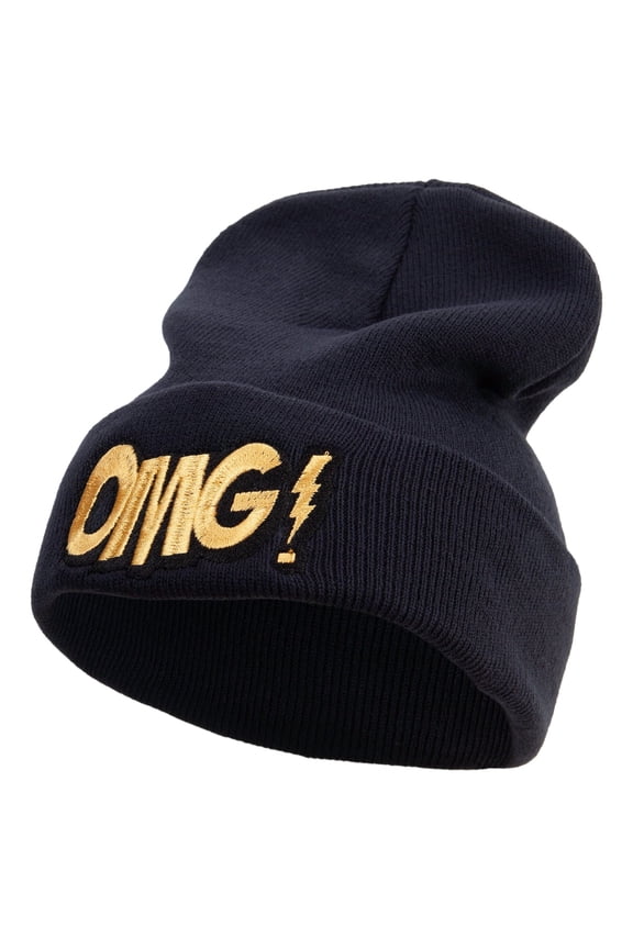 Omg Cartoon Embroidered 12 Inch Long Knitted Beanie - Black OSFM
