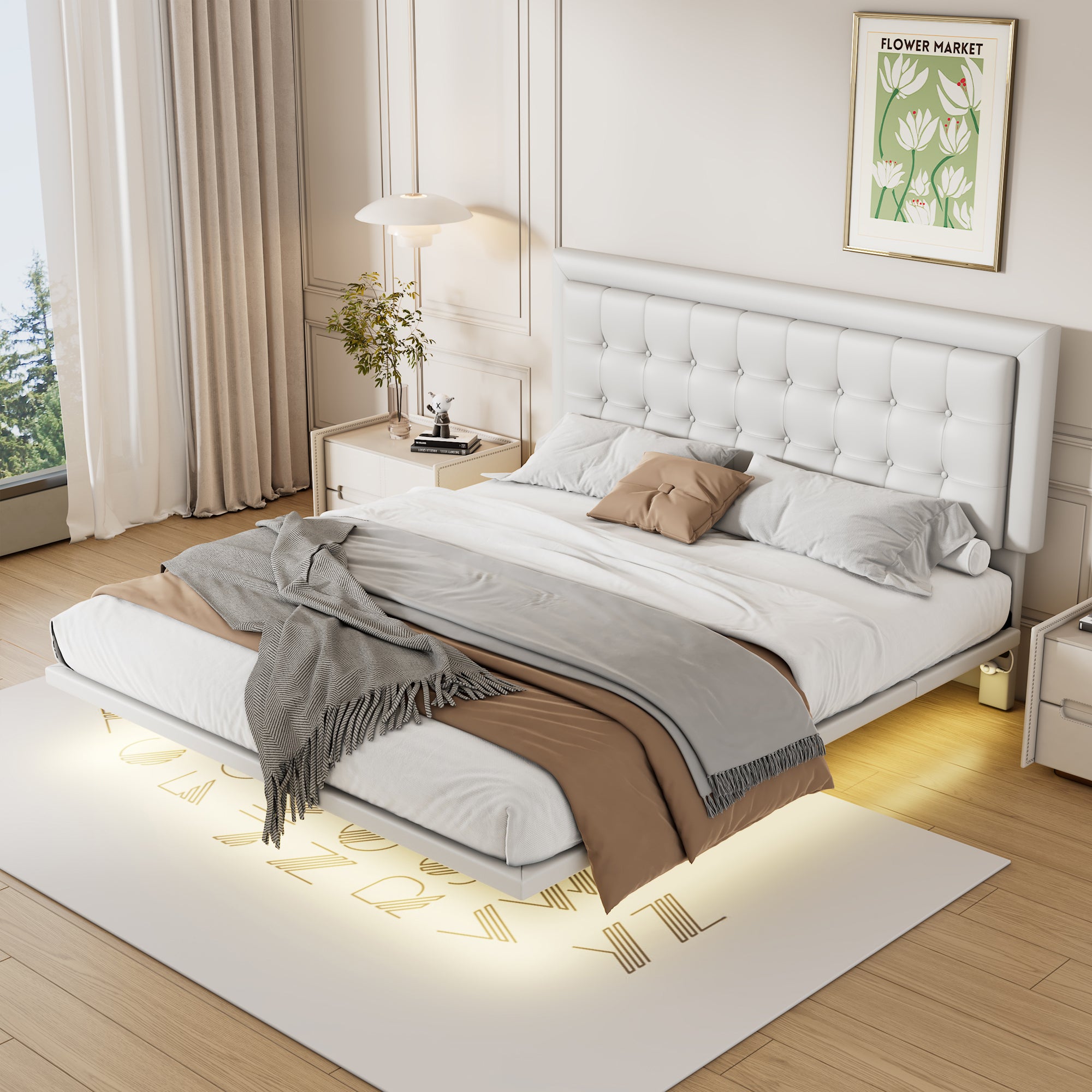 Omi Queen Floating Bed Frame w Motion Activated Night Lights White