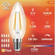 OmiBrite 12 Pack LED Decorative Light Bulbs Dimmable, E12 Small Base CRI90+, 5.5w 550lm (60w Equivalent) Warm White, UL-Listed