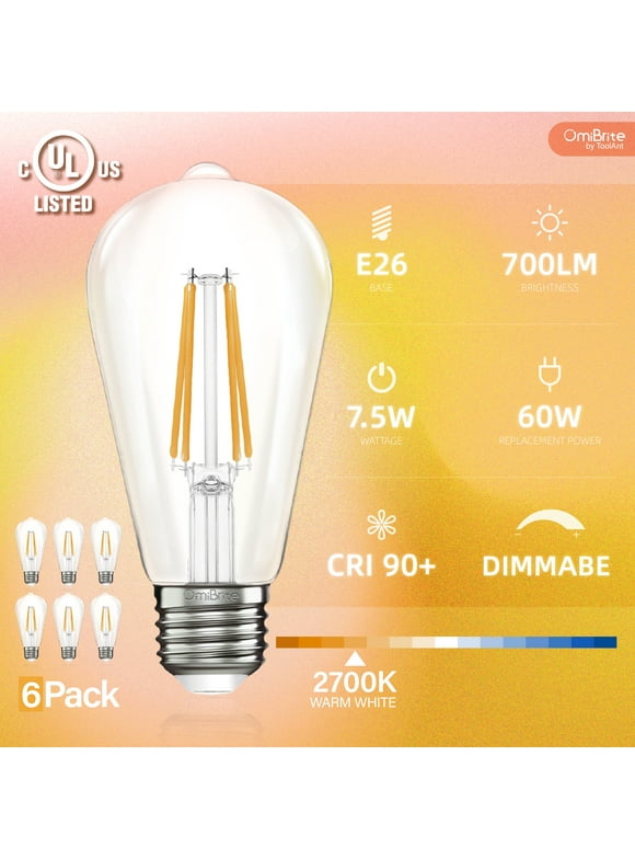 OmiBrite 6-Pack Dimmable LED ST19 Edison Light Bulb, Warm White 60 Watt EQ, E26 Standard Base