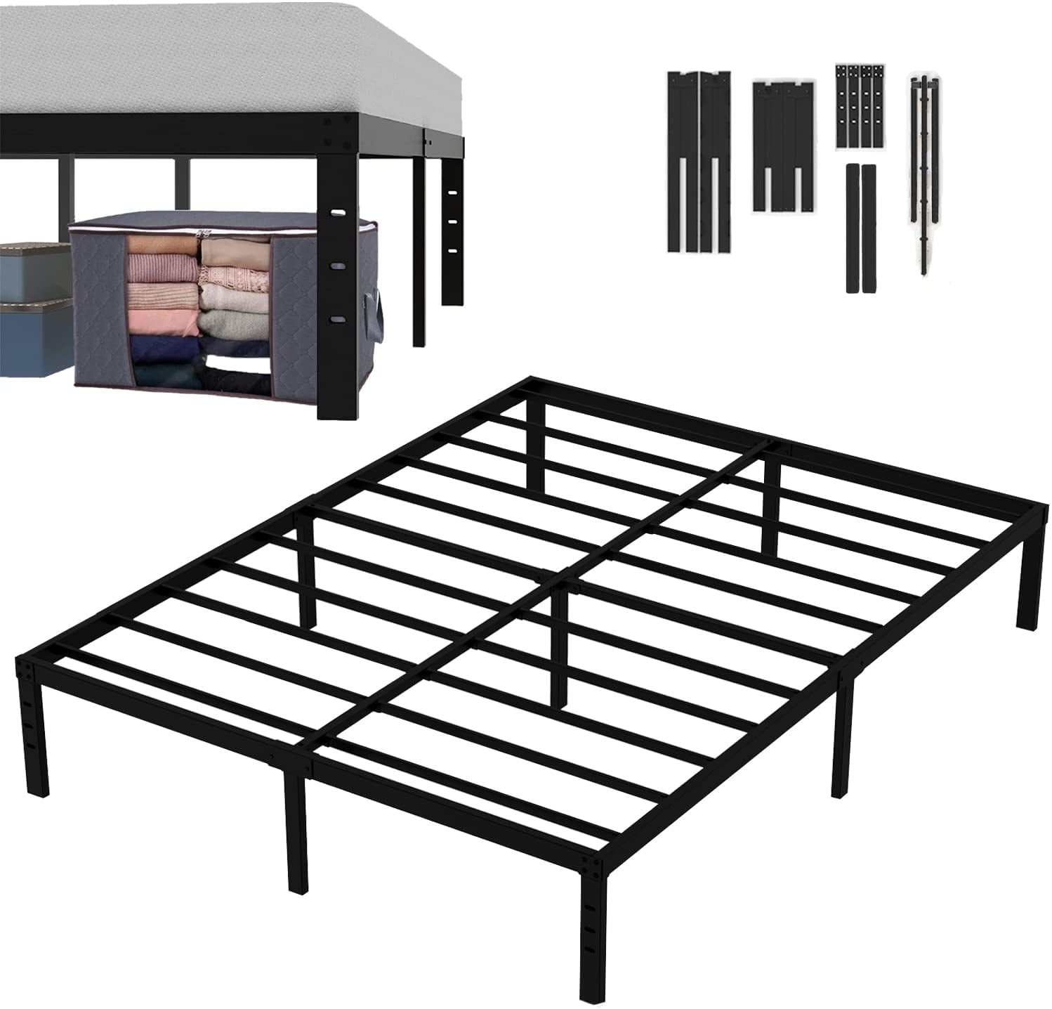OmiNight 14 inches high Queen Bed Frame , Heavy Duty Metal Bed Frame Queen Size with Storage Steel Slat Support No Box Spring Queen Size Platform Bed OmiNight 14 inches high Queen Bed Frame , Heavy Duty Metal Bed Frame Queen Size with Storage Steel Slat Support No Box Spring Queen Size Platform Bed
