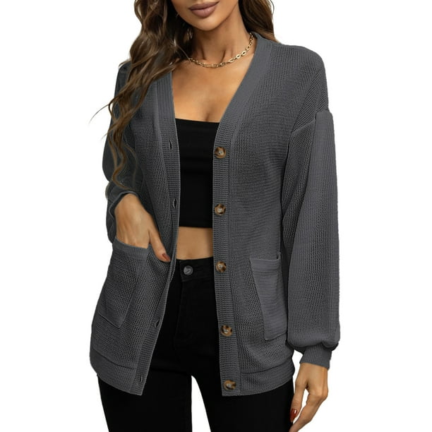 OmicGot Women's Cardigan Button-Down Long Sleeve Pocket Waffle
