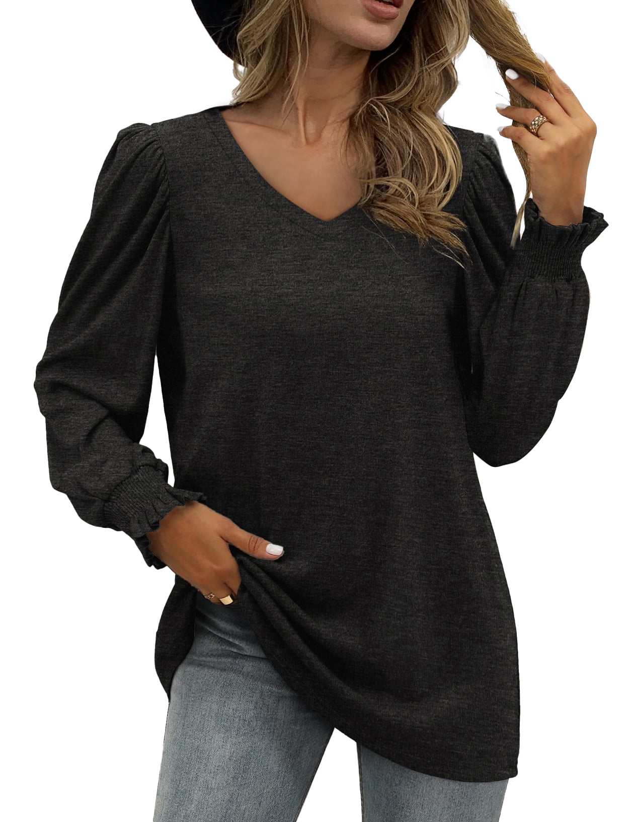 OmicGot Women's Plus Size Tops Ruffle Long Sleeve Shirts V Neck Tunic ...