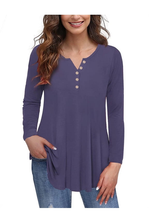 Women's Plus Size Tunic Tops Long Sleeve Henley T Shirt Floral Casual Swing Blouse