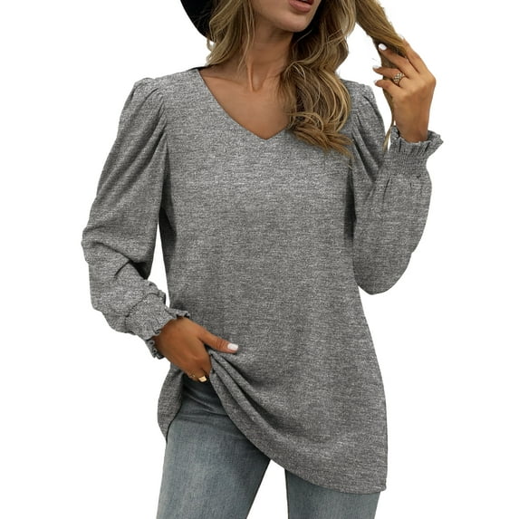 OmicGot Women's Plus Size Tunics Blouses V neck Ruffle Long Sleeve tops Light Grey 2X