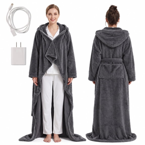 Ominelu Electric Wearable Heated Robe Blanket,Heated Electric Blanket with Foot Pocket and Button Belt,Electric Throw with 4 Heating Levels,4 Heat Zones,3-in-1 Robe,Throw and Lap Blanket Use