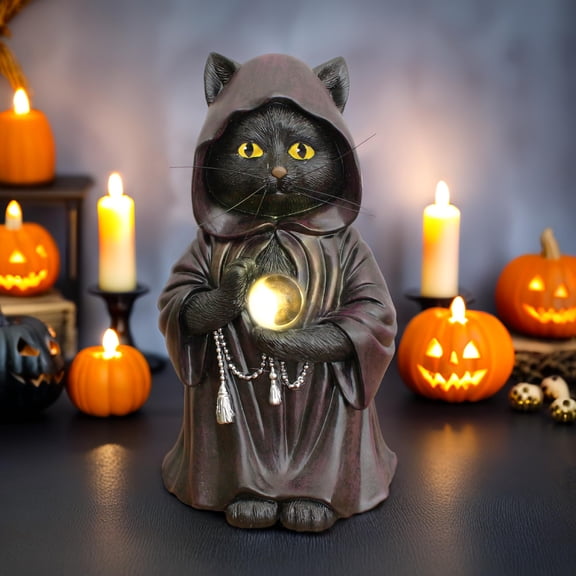 Ominious Black Cat Wizard Figurine, 7" Solar Light Gothic Yard Statue Decor