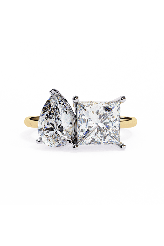14K Gold Pear and Princess Cut Toi Et Moi Ring, Two Stone Engagement Ring