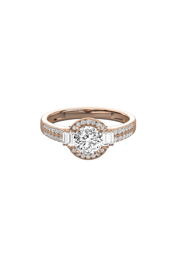 Gold Round Diamond Ring with Baguette Side Stones and Split Shank Halo Setting