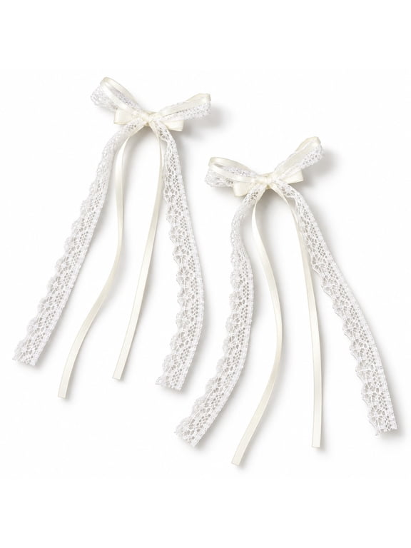 2 Pack White Lace Hair Bows with Long Tails, Coquette Bow Clips for Women, Girls and Teens, Elegant Alligator Hair Accessories for Weddings, Parties and Daily Wear
