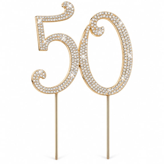 Omlopp Number 50 Rhinestone Cake Topper, Sparkly Gold Crystal Decoration for 50th Birthday and Anniversary Parties