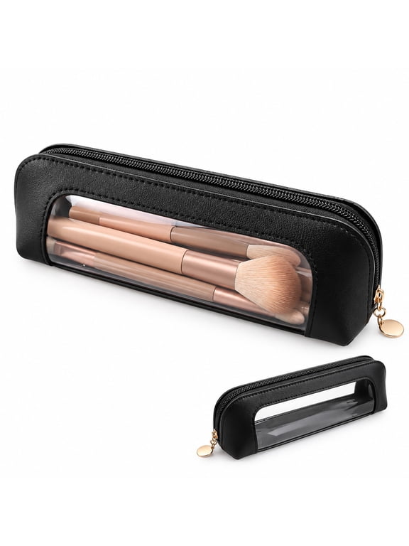 Small Transparent Makeup Bag, Black PVC Cosmetic Organizer Pouch with Zipper, Portable Waterproof Travel Toiletry and Brush Case