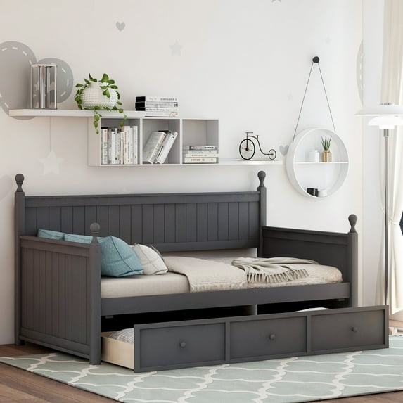 Ommy Twin Size Wooden Daybed with Drawers - Gray