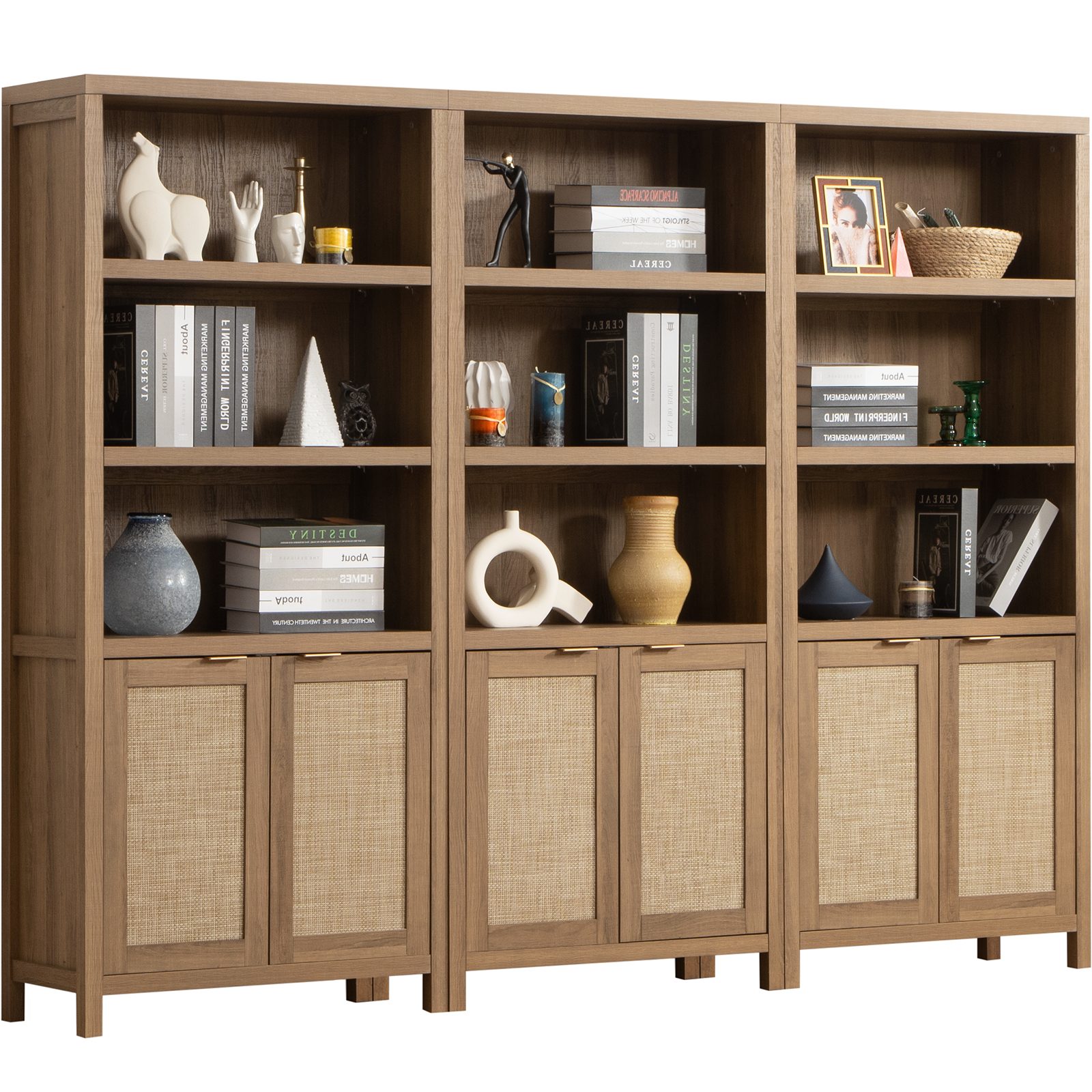 Omni House 5 Shelf Bookcase,Tall Bookcase with Doors Storage Rattan