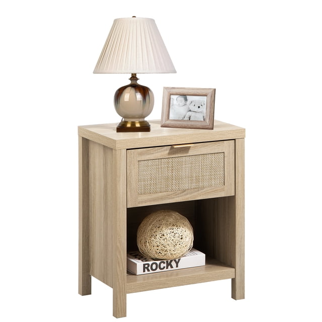 Omni House Boho Rattan Nightstand - Bedside Table with Storage, Light ...