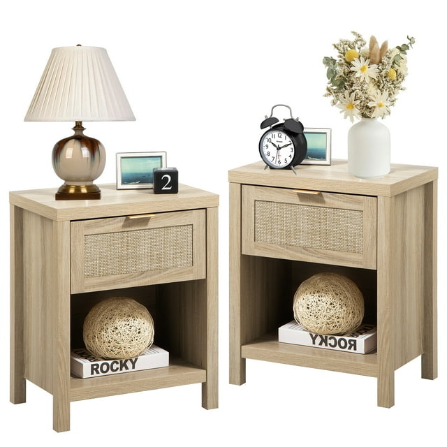 Omni House Farmhouse Rattan Nightstand Set of 2,Bedside Table with