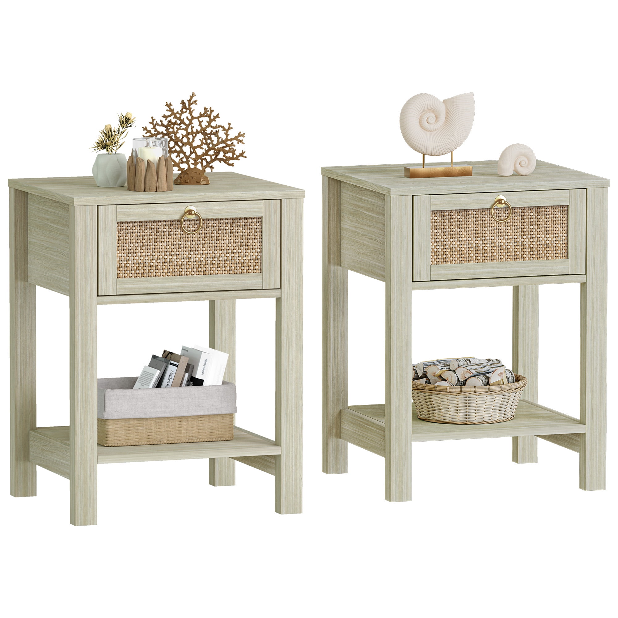 Omni House Nightstand Set of 2,Boho Bedside Table with Rattan Drawer