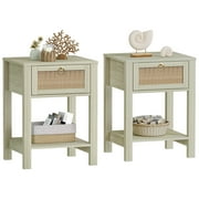 Omni House Nightstand Set of 2,Boho Bedside Table with Rattan Drawer and Open Storage Shelf,Night Stand End Table for Living Room Bedroom,Green