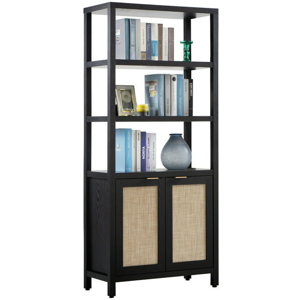 Omni House Rattan 5 Shelf Bookcase with Doors,3Tier Open Shelf
